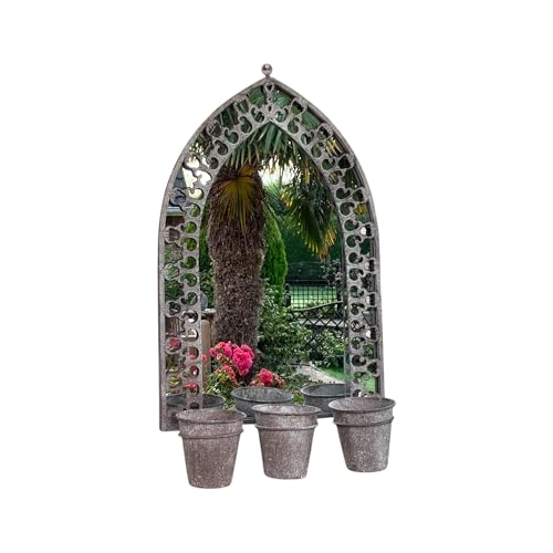 Image of AcaciaHome Vintage Rusty Metal Wall Mirror with Triple Planter 3 Pots Holder - 70cm Arch Design, Indoor/Outdoor Large Garden & Patio Décor for Living & Garden Spaces (1, Vintage Mirror Framed)