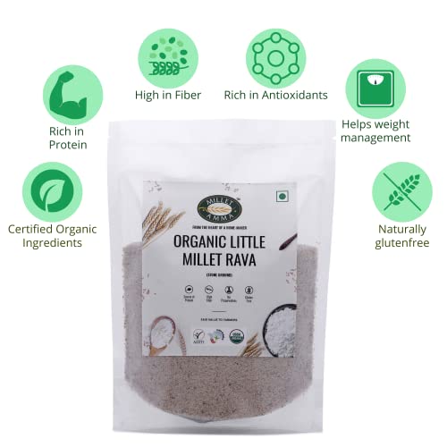 Image of Millet Amma CERTIFIED ORGANIC Little Millet Rava | 1kg (Pack of 1) | Stone Ground | Made with Unpolished Grains ( Kutki | Samai | Same | Samalu ) | Suitable for Multiple Millet Recipes | 100% Vegan & Gluten Free | Rice in Proteins