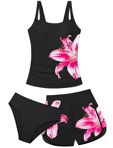 Aulyffo Black 3‑Piece Tankini Swimsuit Set for Girls Ages 12‑14 – Ruched Tank Top, Bottoms & Boyshorts