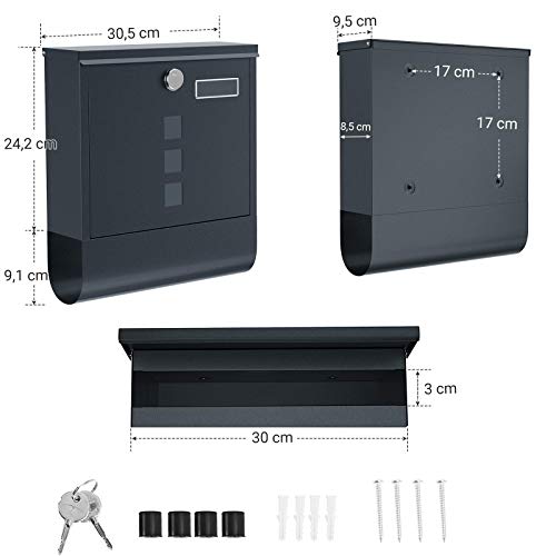 SONGMICS roestvrijstalen brievenbus, brievenbus aan de wand, slot met koperen slotcilinder, krantenvakje, raam… - Afbeelding 6
