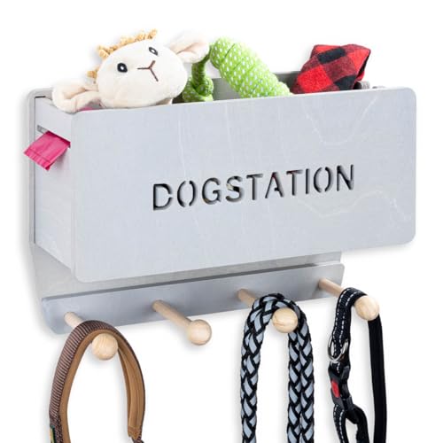INEXTERIOR Hundegarderobe CLASSIC aus Holz - personalisierbar - in Deutschland handgefertigt - Aufbewahrung für Hundeleinen (Grau, Schriftzug Dogstation)