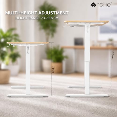 Image of ARTIKEL Manova Height Adjustable Table for Office Work | Manual Adjustable Desk with Hand Crank | Ergonomic Table for Home | 80Kg Wt Lift | Cup Holder, 2 Headphone Hook (140 * 60 - Light Oak)