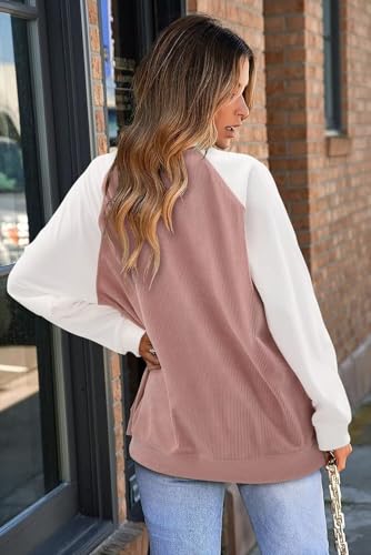 KISSMODA Women's Casual Long Sleeve Sweatshirt Color Block/Solid Crewneck Corduroy Pullover Cute Tops