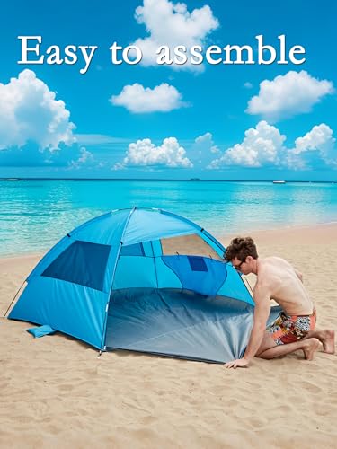 Easy Set-Up Beach Tent - UPF 50+ Sun Shelter for Family (2-3 Person), Portable Instant Sun Shade with 3 Mesh Windows, Windproof Stakes & Storage Pockets, for Beach, Camping, Picnics - Image 3