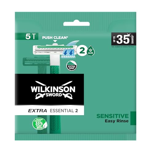 Wilkinson Sword Extra 2 Sensitive - 5 Maquinillas de Afeitar Desechables de 2 Hojas para Hombre, Mango Antideslizante y Botón de Limpieza