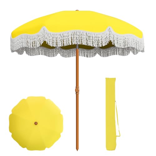 AreShark 7ft Patio Umbrella with Fringe UPF50+ Beach Umbrella for Table Pool & Garden Portable Outdoor Tassels Umbrella w/Fiberglass Ribs&Push Bottom Tilt(Yellow)