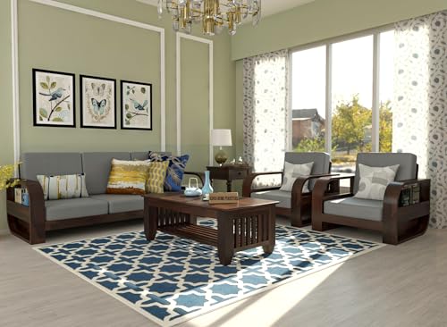 Image of Wooden 5 Seater Sofa Set for Living Room, Five Seater Sofa for Office & Lounge, 3+1+1 Seater Sofa Sets for Home, Sheesham Wood (3+1+1 Seater,Walnut)