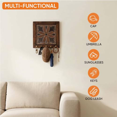 Image of AAKRITI ART CREATIONS Key Holder, Brown Orchid Handcrafted Key Holder Panel | Rustic Ceramic & Wood Wall Organizer with 5 Hooks | New Home Gifts| Multifunctional Entryway Decor