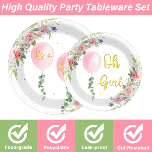 Image of 96Pcs Oh Girl Watercolor Pink Balloon Party Supplies Greenery Girl Baby Shower Tableware Set Pink Flower Party Favor Birthday Baby Shower Parties Plates and Napkins Table Decorations for 24 Guests