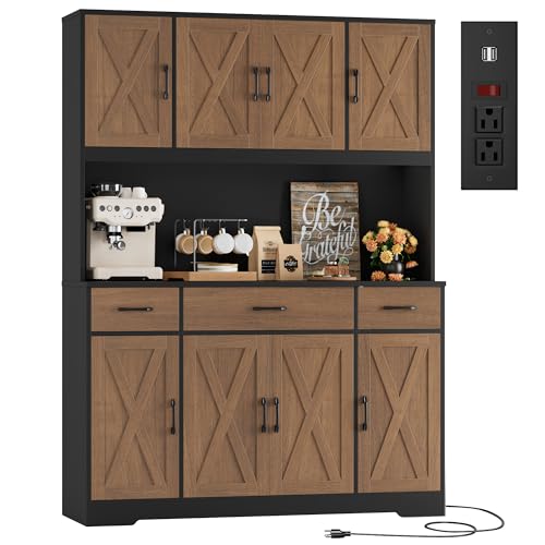 Image of HOSTACK 71 inch Tall Kitchen Pantry Cabinet, 55 inch W Kitchen Hutch, Brown /Black | Large Pantry Starge Cabinet with Charging Station / Countertop / Drawer, Farmhouse Hutch Cabinet with Storage for Dining Room