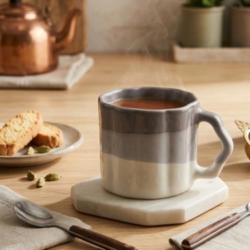 Image of The Earth Store Metallic Grey Frontier Premium Ceramic Tea Cup Set of 4, 200 ML | Microwave and Dishwasher Safe Space Saver Tea Cup with Stand | Coffee Cups for Gifting & Office Use, Every Occasion