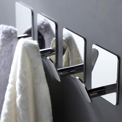 DELITON Towel Hooks for Bathrooms - 4 Pack Wall Hooks for Hanging Heavy Duty Adhesive Command Hooks for Coat Robe, Waterproof Shower Hooks Stainless Steel Mirror, Silver