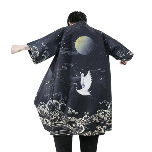 Men Japanese Long Kimono Cardigan Jacket Loose Yukata Outwear Coat Japanese Style Flying Crane Open Front Robe