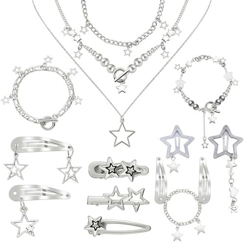 Quelay 13 Pcs Y2k Accessories Set Included Star Hair Clips Grunge Layered Necklace Star Bracelets Y2k Hair Accessories Vintage Jewelry Set for Women