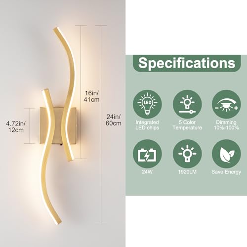 Image of CANEOE Gold Modern Wall Sconce Set of Two, 24in Dimmable Led Wall Sconce Lighting, Hardwire Indoor Wall Lamps for Living Room Bedroom Bathroom Hallway (2 Packs) (Gold, 24in)