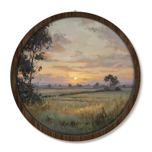 VONTP Vintage Moody Sunset Round Wall Art, Sunset Country Landscape Nature Painting, Neutral Modern Rustic Farmhouse for Bedroom Kitchen Living Room, 10x10 Inch