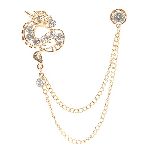 Gold Plated Chain Dragon Brooches Collar Pins Crystal Rhinestone Animal With Hanging Chain Suit Shirt Lapel Brooch Pin Fashion Jewelry for Men Boy(Gold Dragon)