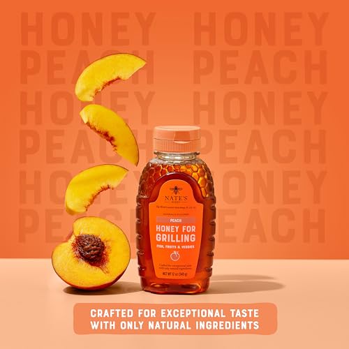 Image of Nate's Peach Honey for Grilling - Made with 100% Pure Honey and Peach - 12 oz Squeeze Bottle - For Grilling Fish, Fruit & Veggies - Gluten Free - Only Natural Ingredients