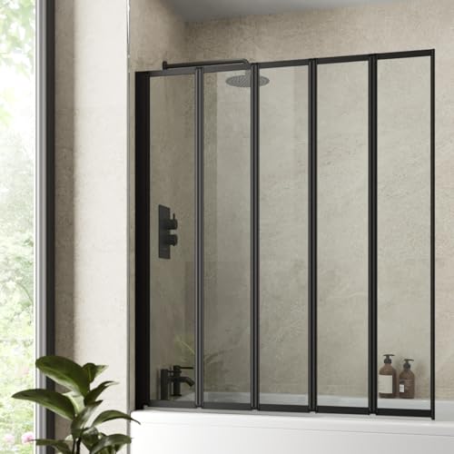 Luxura® 5 Panel 1200 x 1400mm Black Over Bath Shower Screen Folding Hinged Door Glass Panels & Screens for Baths, 4mm Toughened Safety Glass, 180° Pivot Swing, Reversible