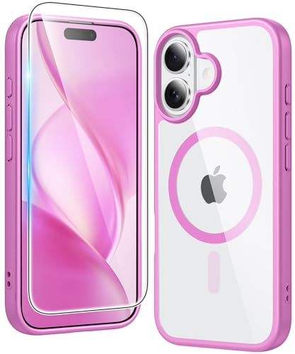 FNTCASE for iPhone 16 Case Clear: Magnetic Phone Cases with Screen Protector Drop Proof Compatible with Magsafe Slim Anti Yellowing Rugged Shockproof Protective Transparent Cell Cover (B-Pink)