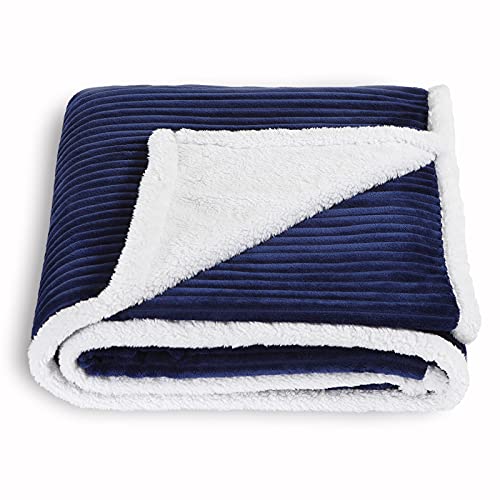 SOCHOW Sherpa Fleece Wohndecken Kuscheldecken, superweiche, Flauschige, warme Streifenplüschdecke für Schlafcouch, 220 x 240 cm, Marine Blau