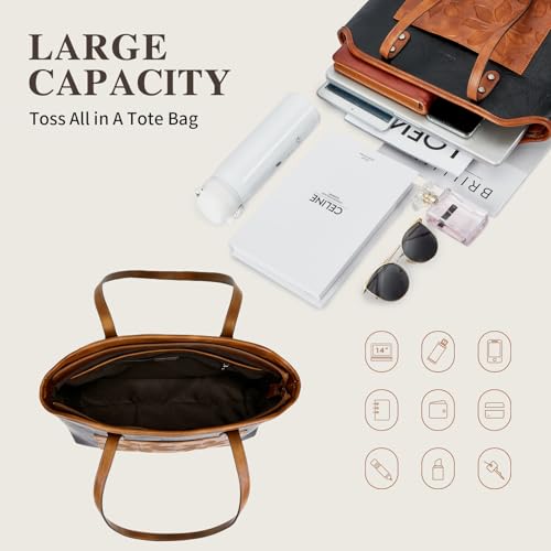 Image of Tote Bag for Women,Large Capacity Straw&Vegan Leather Tote Purses for Women,Shoulder Bags For Daily Travel Work Beach