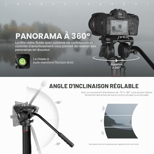NEEWER GM76 Monopode professionnel pour appareil photo avec pieds, télescopique, portable, en aluminium, tête fluide, inclinable, pied amovible, pour appareil photo reflex numérique, charge maximale 6 – vue 3