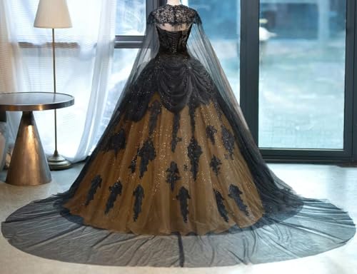 Gothic Black Wedding Dresses for Bride with Cape Lace Applique Bridal Gowns Tiered Vintage Quinceanera Dresses3