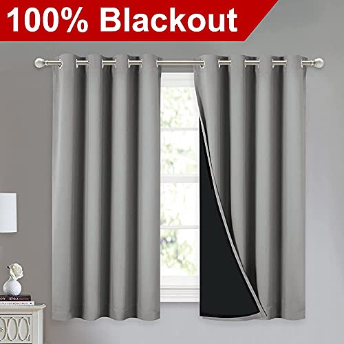 Image of NICETOWN 100% Blackout Curtains with Black Liners, Thermal Insulated Full Blackout 2-Layer Drapes, Noise Cancellation Window Draperies for Dining Room (Silver Grey, 2 Panels, 52-inch W by 54-inch L)