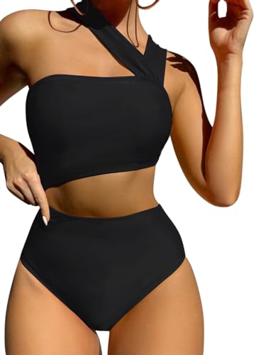 Lilosy Cute Cutout High Waist One Shoulder Piece Swimsuit Bikini Bathing Suit