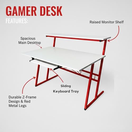 Image of FFO Music Studio Desk with Keyboard Tray Multipurpose Office & Study Table | Workstation Desk for Home, Office, Music Studio, Piano & Instruments Durable Desk with 1 Year Warranty DIY - White /Red