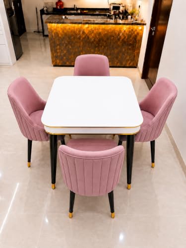 Image of WOODEN SPACE 4 Seater Wooden Dining Table Set | Urban Marble Top Dining Table with Chairs for Dining Room & Kitchen (Modern Infinity Backline Pink) (42 x 42 x 30 inch)