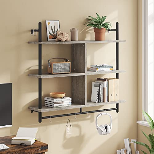 Bestier 41.5" Floating Pipe Shelving, 3 Tier Industrial Wall-Mounted Ladder Shelf Hanging With Circular Tube, Wood Display Bookshelf Storage For Living Room Kitchen Balcony, Retro Grey #TOP2