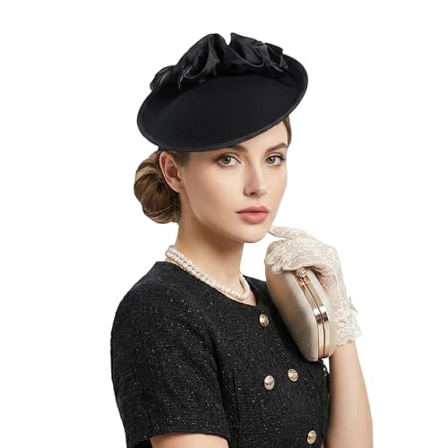 F FADVES Wedding Wool Pillbox Fascinators Felt Fedora Hats Women Flower Derby Church Tilt Hat Black