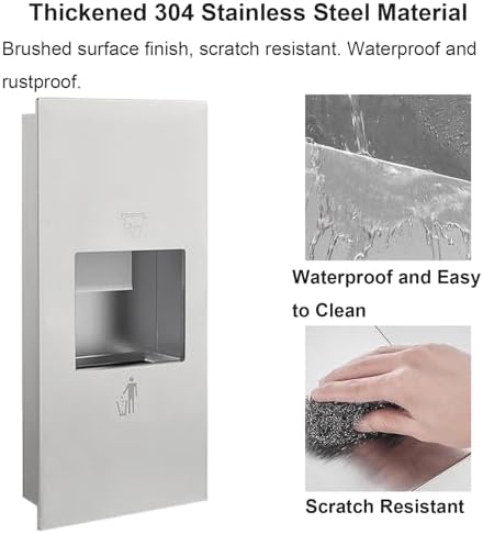 Recessed Stainless Steel Paper Towel Dispenser with Trash Can - Durable 304 Steel for Commercial Kitchen & Bathroom - Space-Saving, Easy to Install