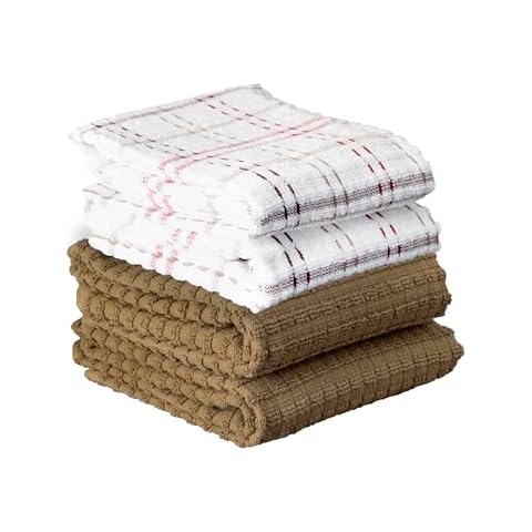 Ritz Royale Collection 100% Combed Terry Cotton, Highly Absorbent, Kitchen Dish Cloth Set, 13-3/4" x 12", 4-Pack, Solid & Checked Cover