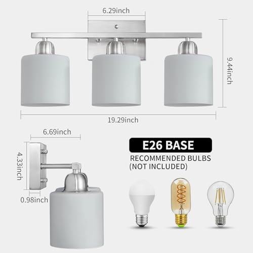 Image of Brushed Nickel Bathroom Light Fixture, Anti-Rust Finish 3 Light Vanity Lights for Bathroom, Bath Lights with Milky White Frosted Glass Shades, E26 Socket