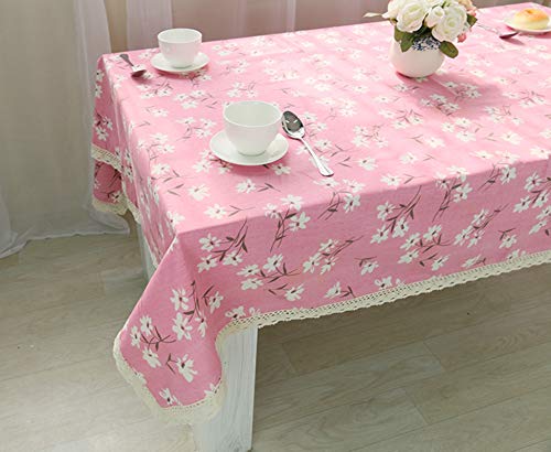 Nappe de table fleurie en coton lin avec dentelle rose finition premium - 4