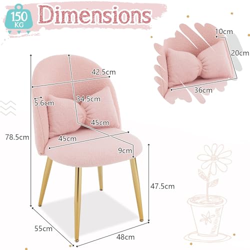 Miniatura 2 de Bonnlo Silla De Maquillaje, Silla Tocador, Sillas De Comedor, Patas Doradas Ajustables Y Cojín Con Lazo Para Dormitorio, Sillón Salón Para Tocador U Oficina En Casa Tejido Teddy, Rosa