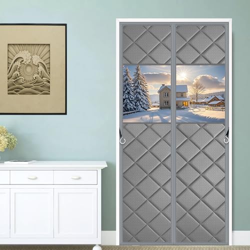 コットンカーテン自動で閉まる 間仕切りカーテン玄関 サーマルドアカーテンマグネット暖簾 保温防寒 間仕切りカーテン屋外ドア用の厚-Gray B|| 85x235cm(33x92inch)