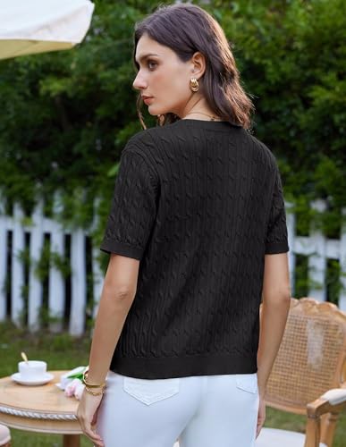 Image of GRACE KARIN Short Sleeve Cardigans Sweater for Women Black Cable Knit Button Up Fall Cardigan Dressy Casual Shrug S