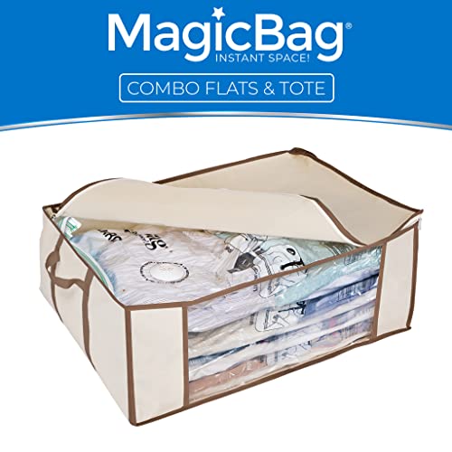 Magicbag 4-Pack Large Flat Vacuum Compression Bags With Jumbo Tote - Instant Space Saver Storage - Airtight Double Zipper - Underbed Storage, Socks, Baby And Kid Clothes, Pillows - Home Organization #TOP6