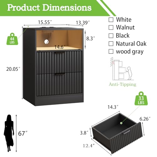 Image of Black Night Stand Set 2, LED Nightstand with Charging Station, Fluted Nightstands Set of 2 with 2 Drawers, Wood Side Table Living Room, End & Bedside Tables for Bedroom Sofa Office