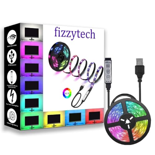 Image of fizzytech USB Powered 5V RGB LED Strip Light 1M with Controller, Multi Color Ambient Backlight for TVs up to 28 Inch, PC and Laptop