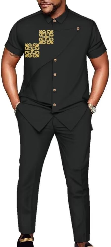 African Shirts and Pants for Men Short Sleeve Applique Casual African Mens Clothing Sets Dashiki Outfits Big and Tall