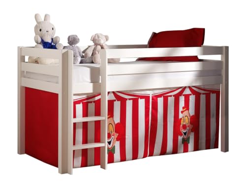 VIPACK PICOHSZG1472 Spielbett Pino mit Textilset Zirkus, Maße 210 x 114 x 106 cm, Liegefläche 90 x 200 cm, Kiefer massiv weiß lackiert