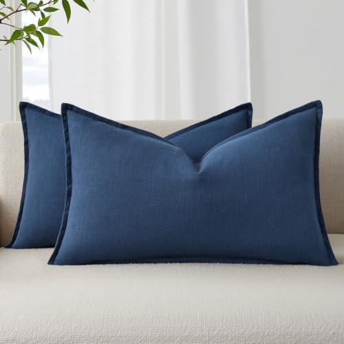 Image of decorUhome Decorative Linen Throw Pillow Covers 12x20 Inch Set of 2 Blue Lumbar Neutral Pillow Covers with Flange Edges Soft Farmhouse Boho Accent Pillow Cases for Couch Bed Living Room