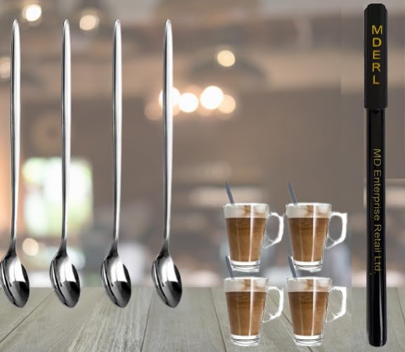 Pack of 4 - Long Handle Stainless Steel Latte Spoons Ideal for Coffee Dessert & Ice Cream Sundae by Kitchen Stars