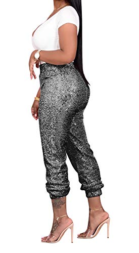 Salimdy Womens Glitter Sequin Joggers Pants High Waist Stretchy Hip Hop Club Wear Shiny Trousers Gray #TOP1