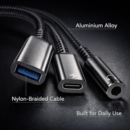 Image of Mizi 3-in-1 USB C to Headphone Jack and Charger Adapter, 60W PD Fast Charging & USB A Hub, Compatible with iPhone 15 /16 /17 Pro /Max, Samsung Galaxy, iPad Pro, MacBook, Pixel - Black